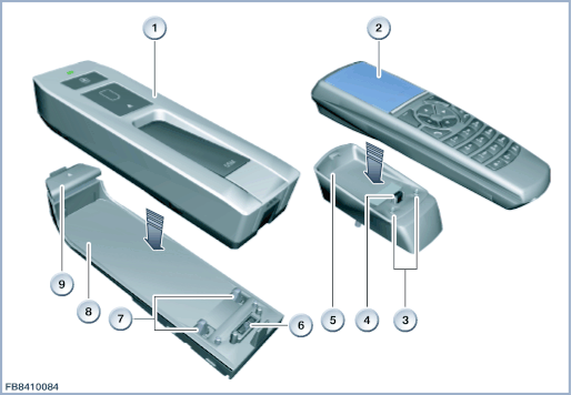 Handset cradle and eject box 2 at rear